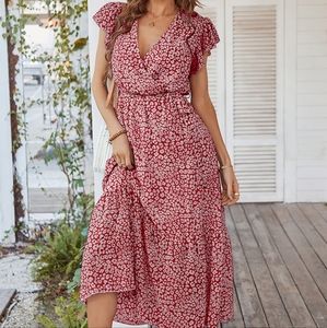 Womens Floral Summer Wrap V Neck Short Sleeve Belted Ruffle Bohemian Dress